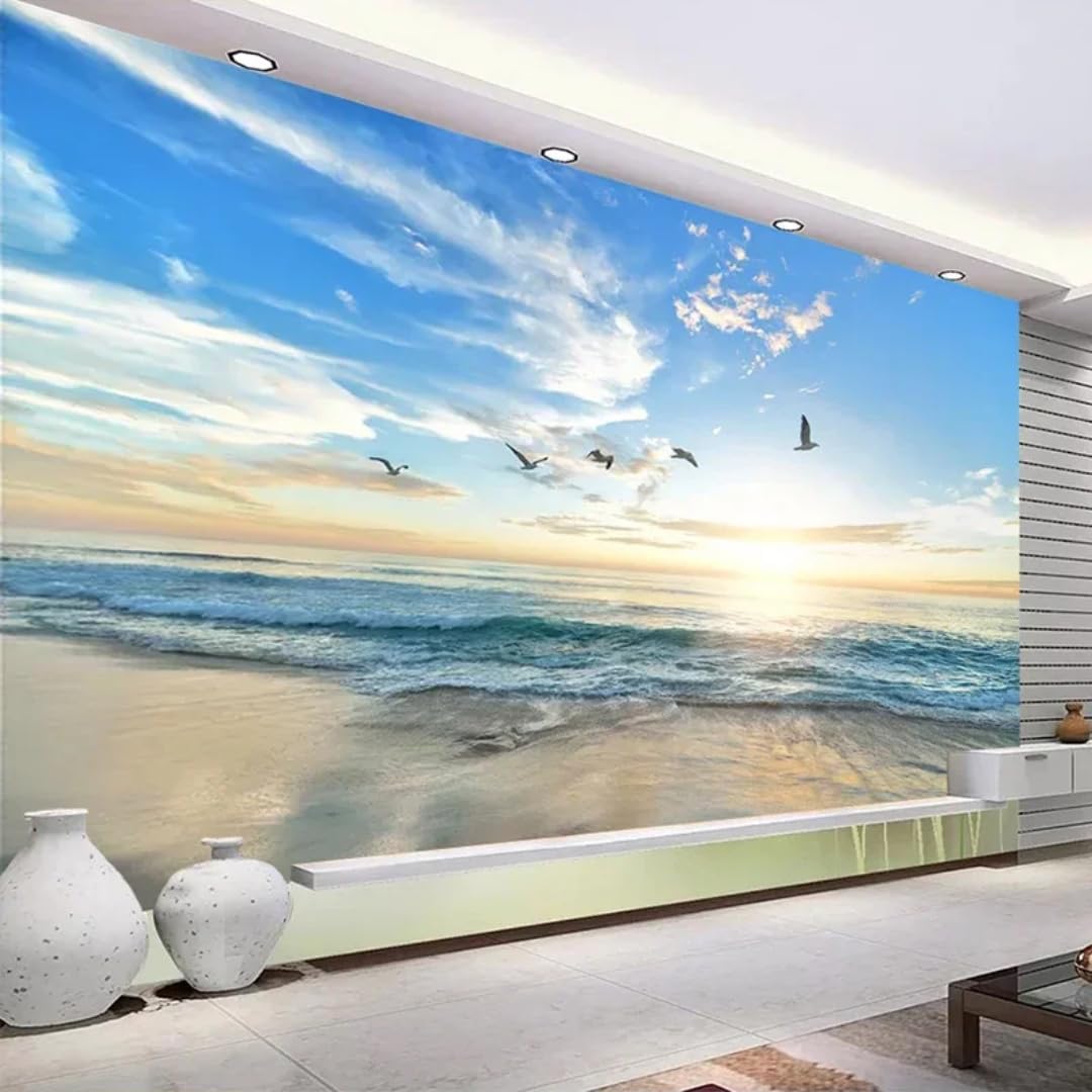 XINRUYI 3D Mural Wallpaper Featuring Sunrise Seascape Seagulls and Beach; wall Art Stickers for Bedroom and Living Room Decoration.