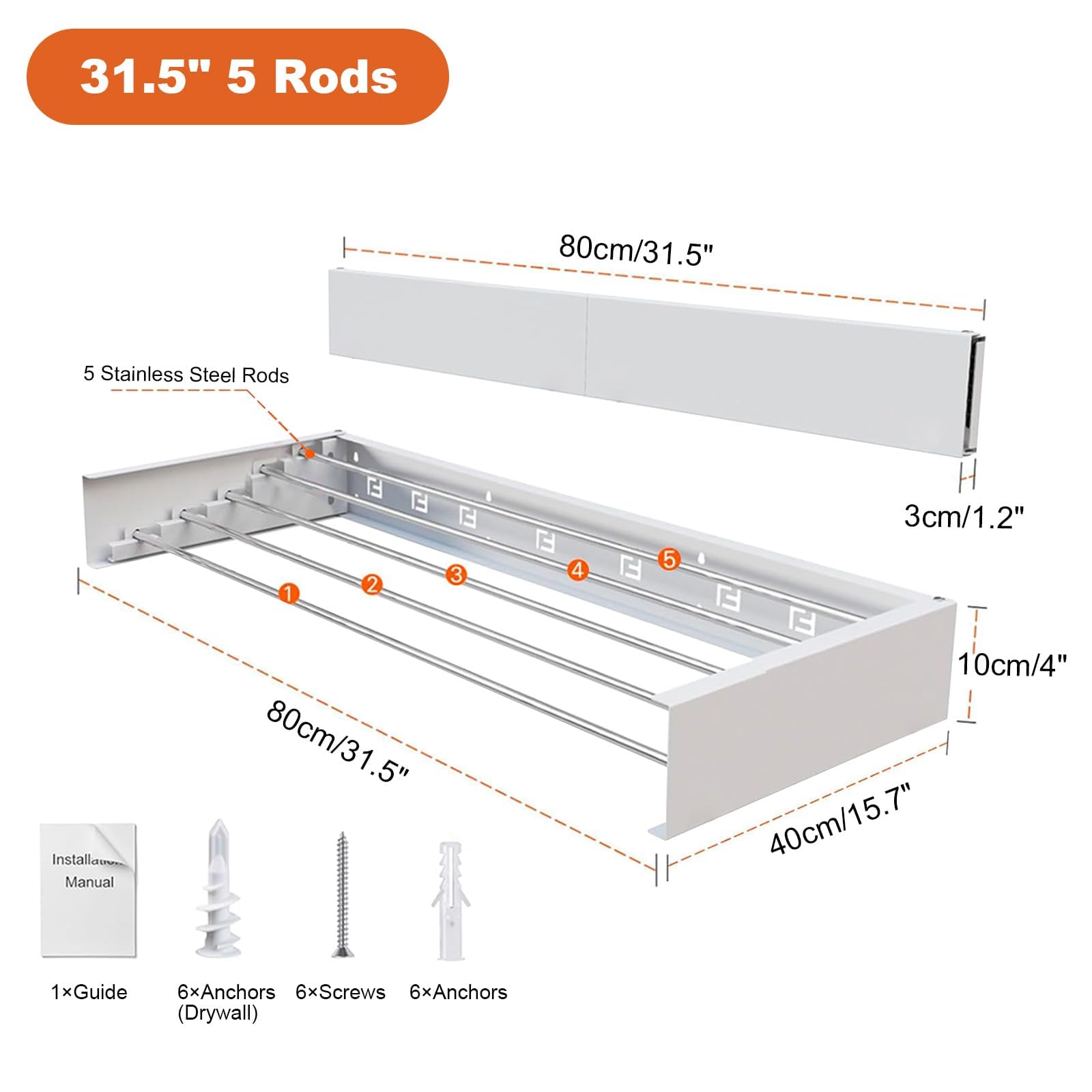 Séchoir à linge mural extensible - Charge maximale : 30 kg - Séchoir mural 80 x 40 x 10 cm - Pour l'intérieur ou l'extérieur - Peu encombrant - Design compact et fin - Blanc