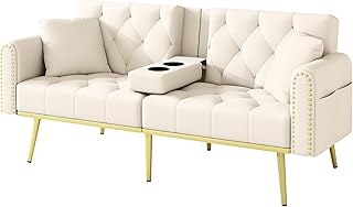 Azkoeesy Sofá-cama de 2 lugares com suporte para bebidas, 175 cm, sofá-cama com função de dormir, encosto ajustável em 3 posições, pernas metálicas douradas e rebites, para sala de estar e cinema em
