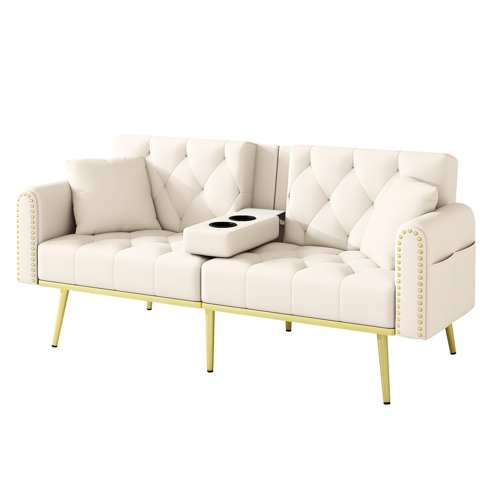 Divano letto doppio pieghevole, beige, 80 x 180 cm, con funzione sdraio, tre angoli di inclinazione regolabili e portabevande, adatto per soggiorno, camera da letto, camera degli ospiti