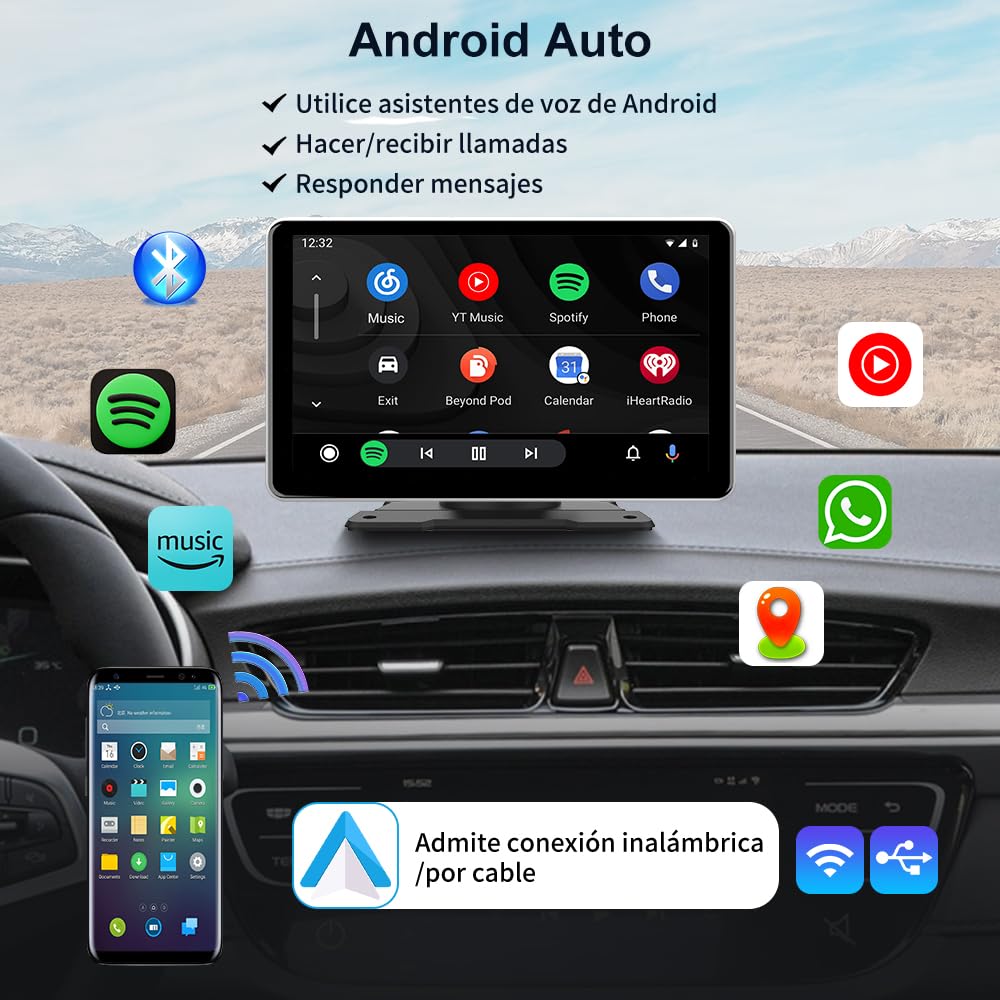 AWESAFE Pantalla 9” de CarPlay/Android Auto/Mirror Link Inalámbrico, Radio Portátil para Coche, Admite Bluetooth/Siri/USB/TF/AUX