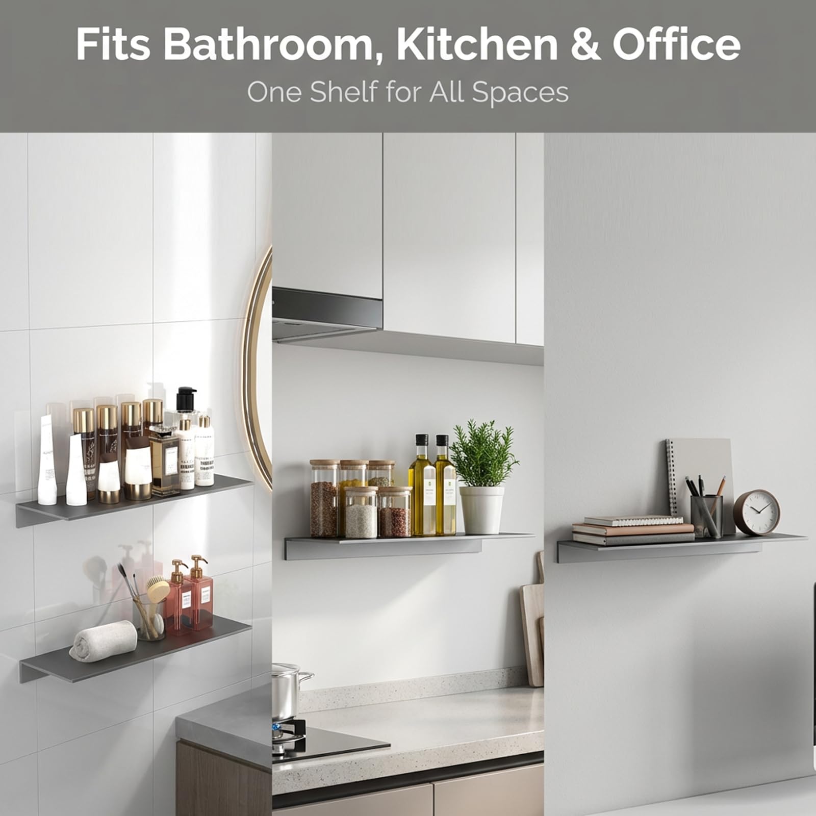 Estantería Ducha 40 cm sin Taladro, Aleación de Aluminio Estantes de Pared con Tornillos de Expansión y Adhesiva, Baldas Flotantes Gris, Repisas de Pared para Baño Salón Dormitorio Cocina