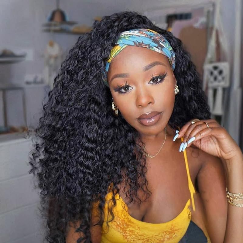 Frodio Headband Wig Curly Wig 22 Inches Veralux™ Blend Human Hair 22" Deep Wave Headband Wig Glueless Wigs Beginner Friendly Curly Elastic Band Wig