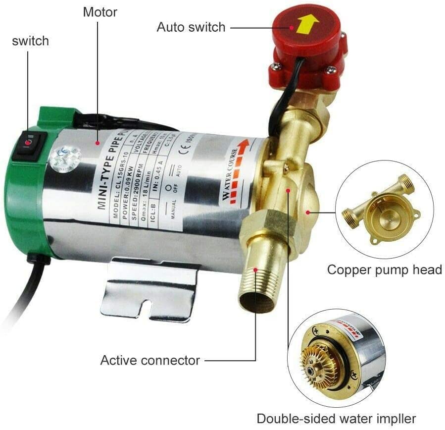 EVERGD Stainless Steel Electric Automatic Hot Cold Water Pressure Booster Pump for Shower Washing Machine Home Garden (90W) - Image 2