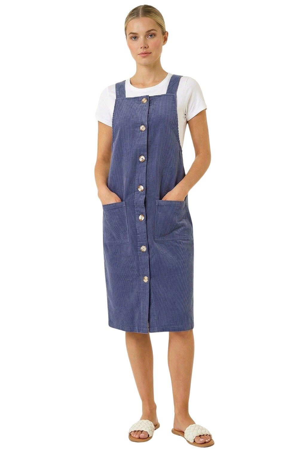 Roman Women's Indigo Corduroy Pinafore Midi Dress