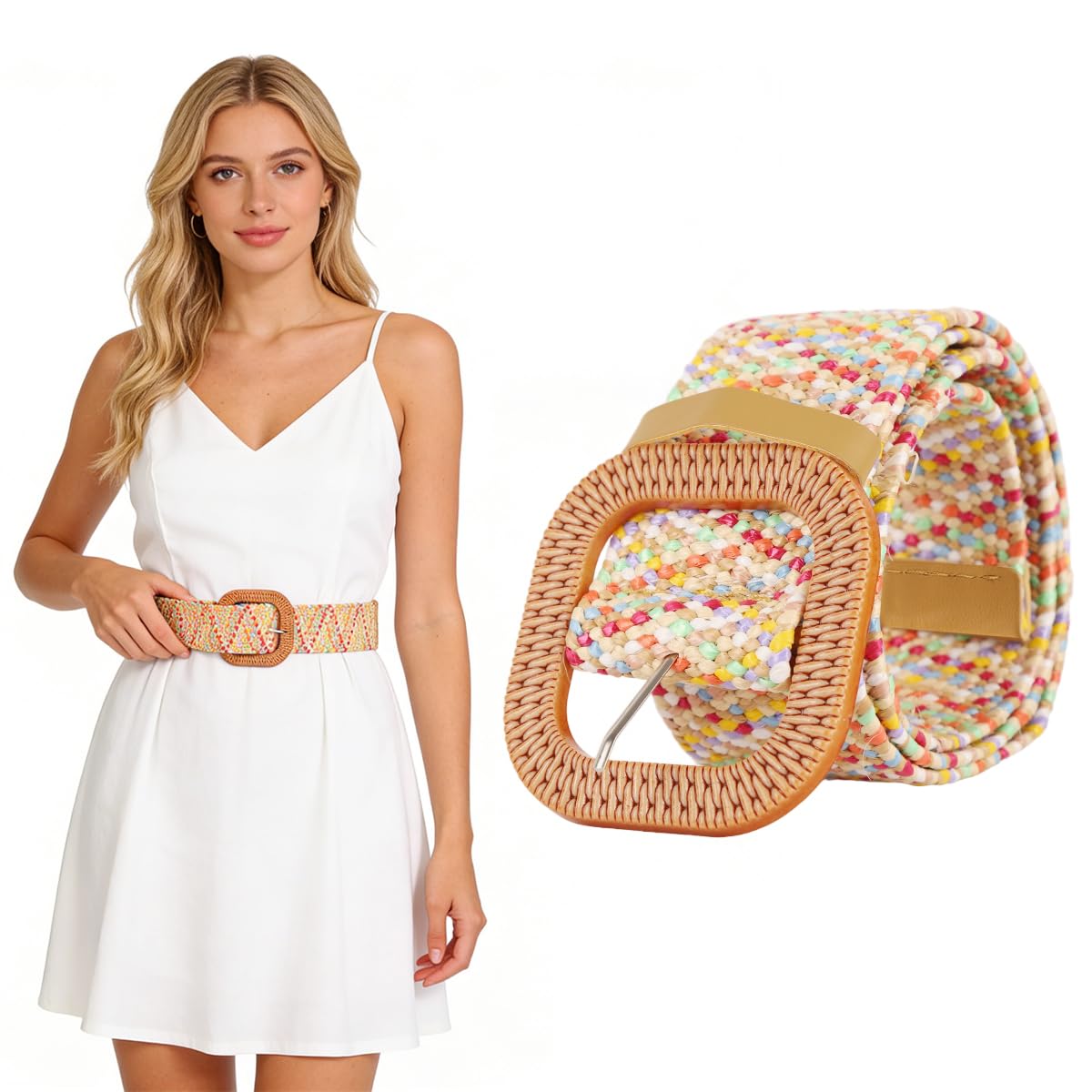 Straw Belt for Women Colorful Boho Belts Sweet Cute Straw Rattan Woven Stretch Round Buckle Elastic Wide Waistband for Dress-image-8