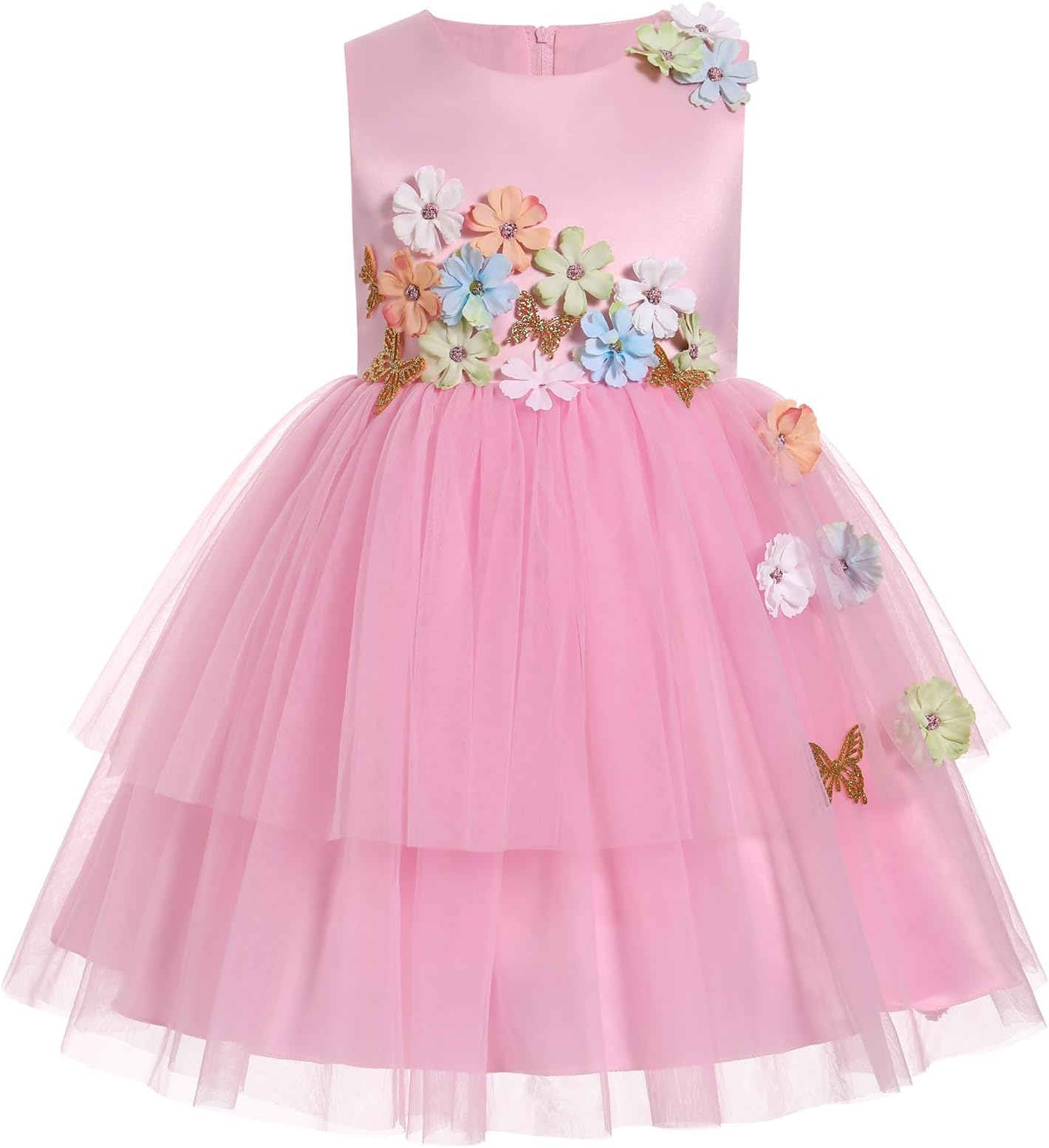 Toddler Flower Girl Dress Sleevelss 3D Flowers Tiered Tulle Tutu Dress Kids Princess Formal Birthday Party Dress