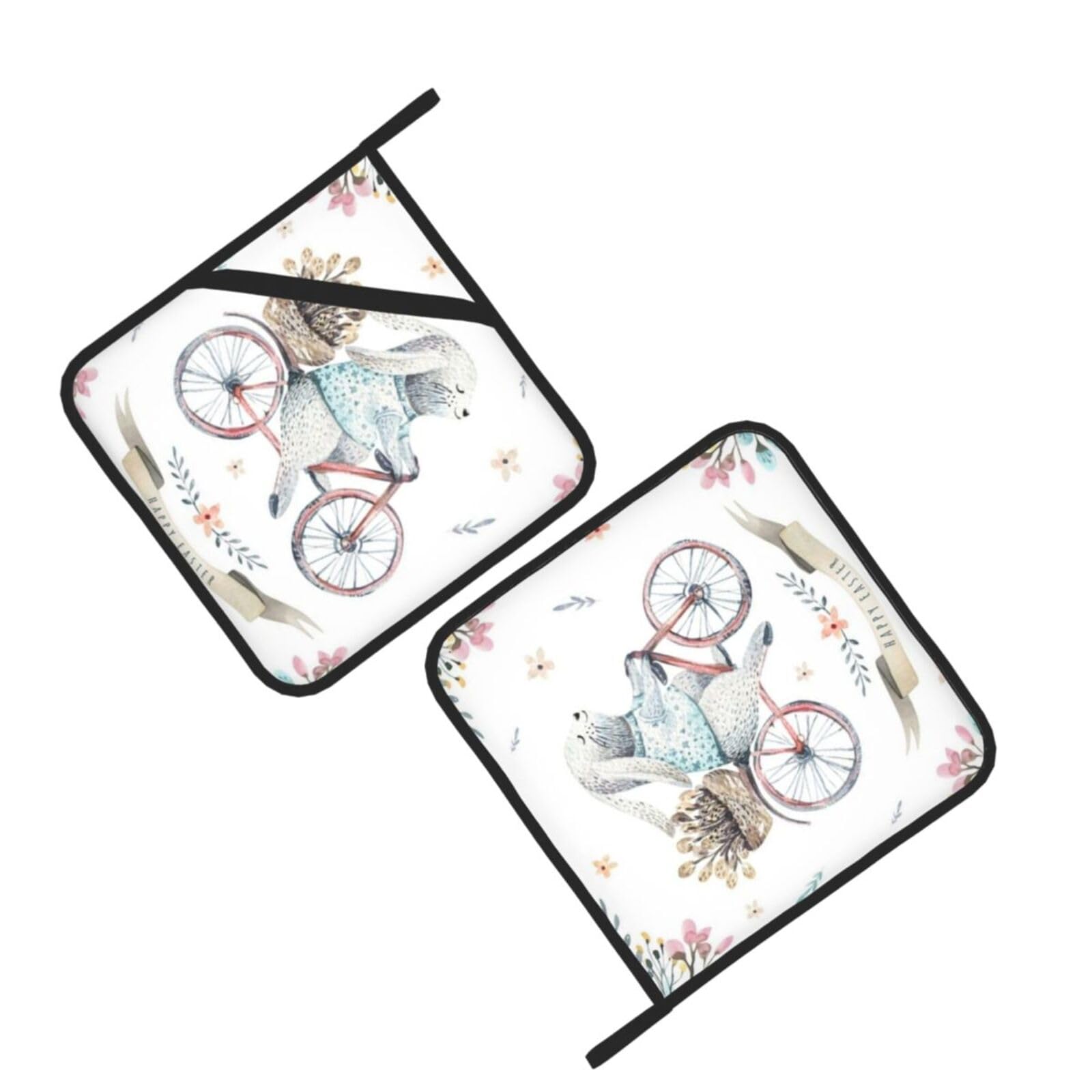 Watercolor Cartoon Bunnies with Leaves Printed Oven Pot Holders Set of 2 Pcs Heat Resistant Kitchen Microwave Potholders for Cooking Baking Grilling