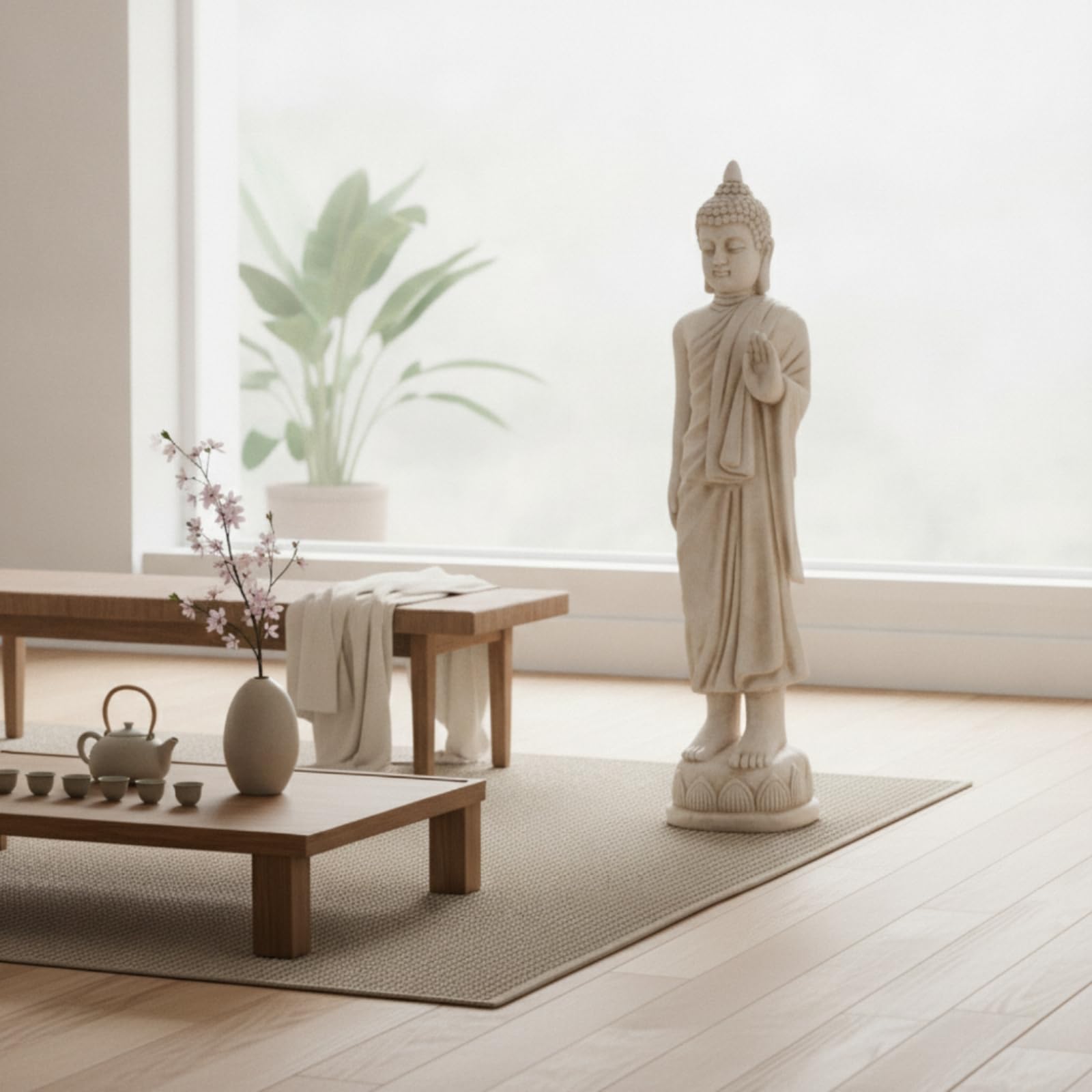 Estatua Buda Decorativa Escultura Figura Imagen con Mano Elevada en Magnesio con Detalles de Túnica y Cabello Adecuada para Meditación Altar Doméstico Entrada Sala de Estar Jardín, Color to 2