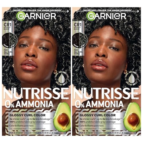 Garnier Nutrisse 0% Ammonia Glossy Curl Color Permanent Hair Dye for Curls, Vegan Color For 100% Gray Coverage, Curl-Protecting Formula with Enhancing Oil, CR1 Glossy Black (Pack of 2)