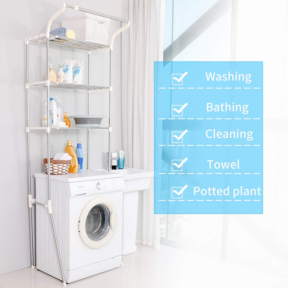 BAOYOUNI 3 Niveles Estantería para la Lavadora Metal Estante de Almacenamiento para Baño sobre Inodoro, Ahorra Espacio, Ajustable Ancho, 61-97 x 49,5 x 210cm, Color Marfil