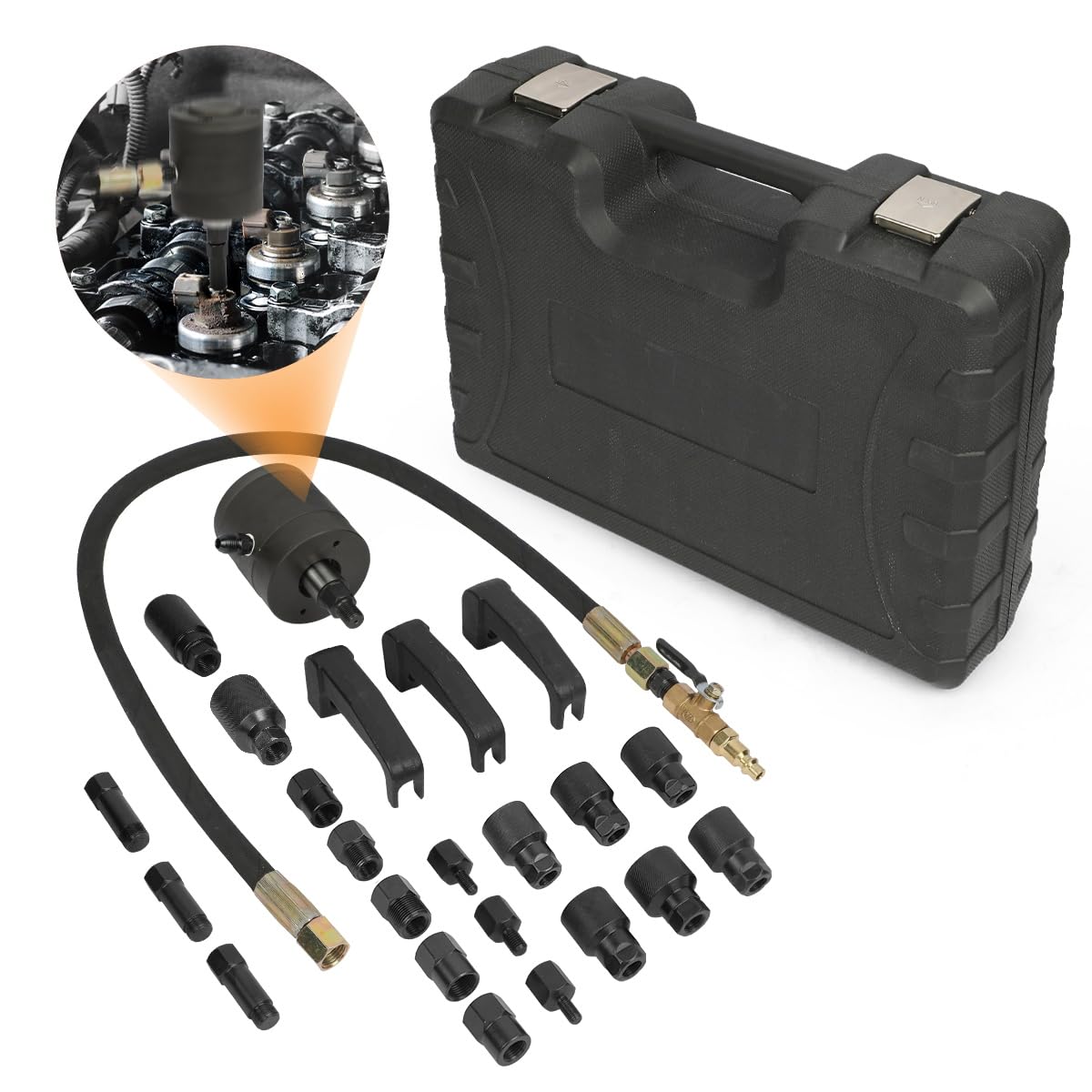 DUOYIPneumatic Injector Puller 24pcs Diesel Injector Puller Set Labor-Saving Diesel Injector Extractor Tool for Diesel Engines Injector Puller Removal Set with Pneumatic Hammer,22pcs Adaptors