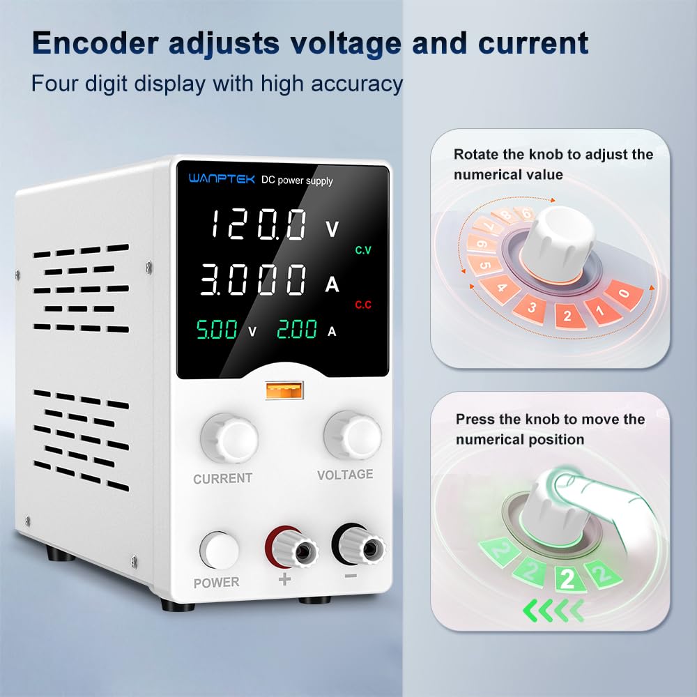 Alimentatore da Banco 120V 30A, Alimentatore da Laboratorio con Display LED a 4 Cifre, Alimentatore Regolabile con Manopola Encoder/Ricarica Rapida USB