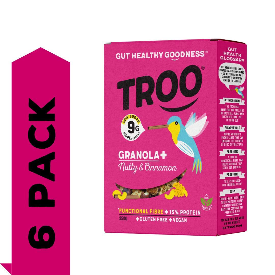 Troo Uplift Granola+ Nutty & Cinnamon | Gut Healthy Goodness | High Fibre | Low Sugar | Gluten Free | Vegan | Eco Friendly | Natural Ingredients | Healthy Breakfast | 350G | 6 Pack