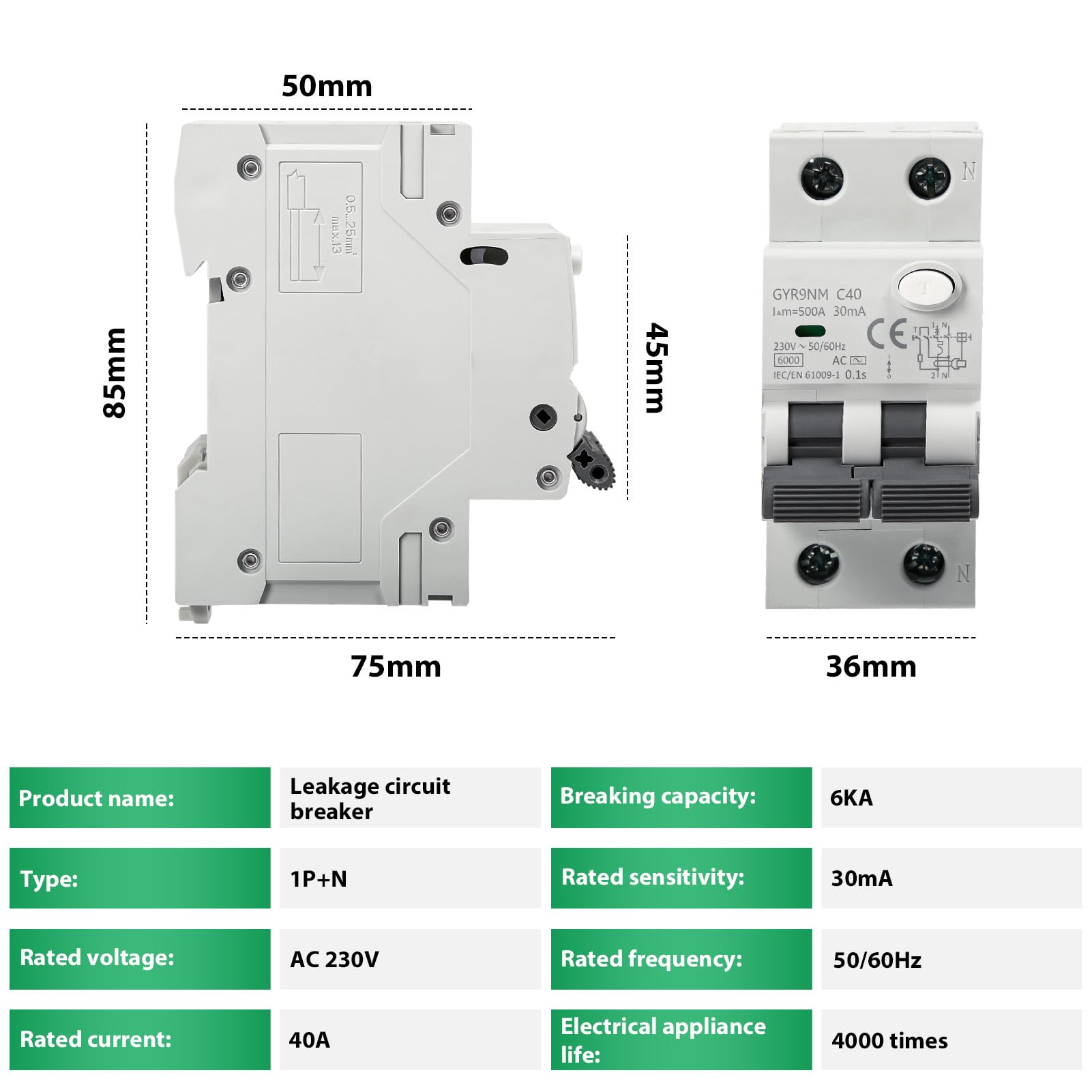 Disjoncteur différentiel 40a 30ma 1P+N Interrupteur Différentiel RCBO 6KA AC 220V avec protection contre les courants de fuite, les surcharges et les courts circuits.