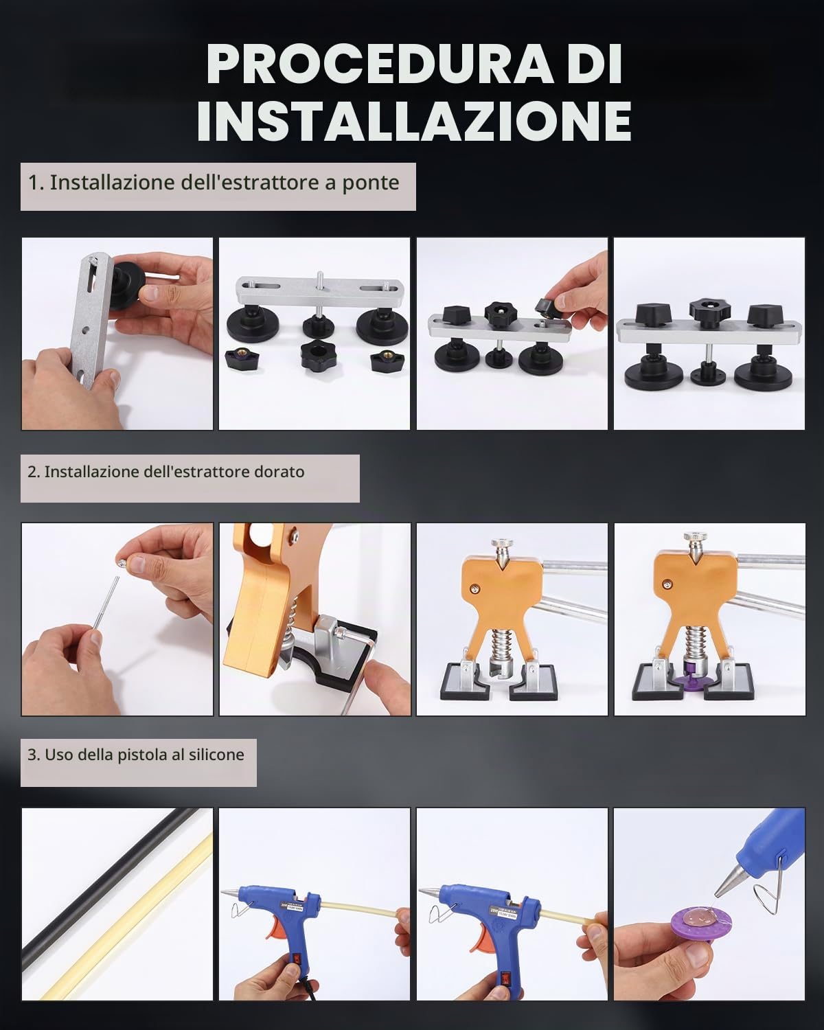 Riparazione di Ammaccature Auto Kit, Strumento per la rimozione delle ammaccature, Tirabolli per Carrozzeria, Pistola per Colla, Kit per la Riparazione per ammaccature Grandi Medie Piccole