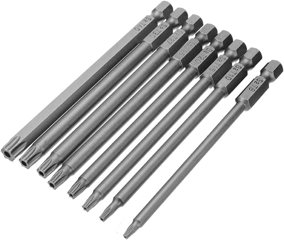Mesee 8Pcs Magnetic Torx Head Screwdriver Bits with 1/4 Inch Shank, T8-T40 S2 Steel Star Torx Screwdriver Bit Set for Woodworking Home Repairing Tool Accessory - 100mm Length