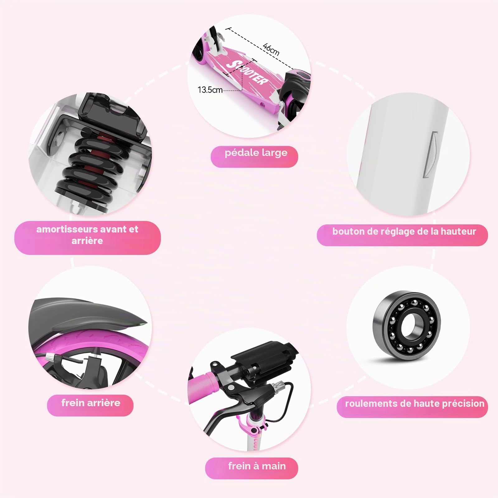 MEE GOO H007D Trottinette avec frein à disque, double amortisseur, roues en polyuréthane de 200 mm, roulements ABEC-7, trottinette pliable pour adultes 18+, planche antidérapante avec rose/blanc/bleu