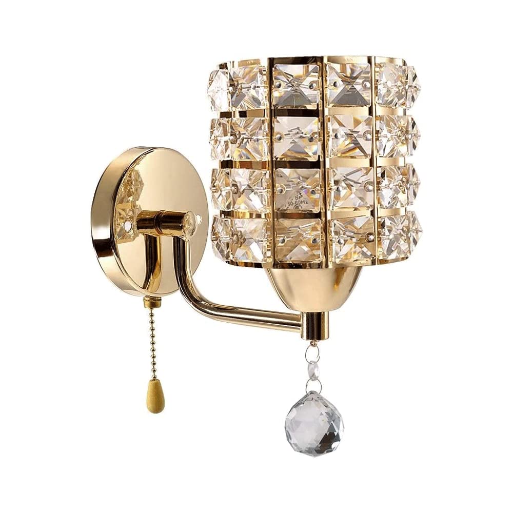 KXEcoLife Bedside Wall Light with Pull Switch, Cylindrical Crystal Lampshade Sconce Modern Mounted Lamp, Living Room Decor Elegant Sconces, Bedroom Lighting Fixtures, Hallway Foyer Hotel, E2