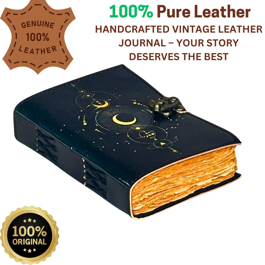 Galaxy Dreams Leder-Tagebuch – Exquisites handgefertigtes Vintage-Notizbuch mit antikem Büttenrand, geprägtes Design mit himmlischem Mond und Stern, luxuriöses ledergebundenes Tagebuch mit sicherem