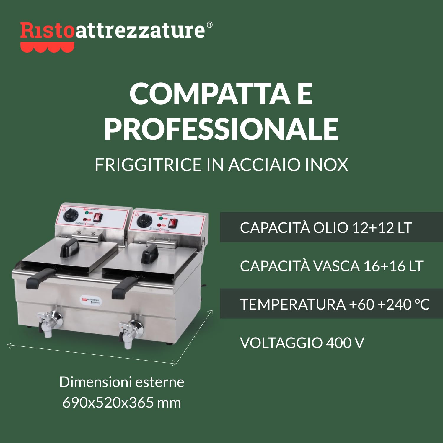 Ristoattrezzature Friggitrice Elettrica Professionale - Doppia Vasca - Con Rubinetto di Scarico - Acciaio Inox - Per Pub, Bar, Ristoranti - Da Banco - 16+16 Litri, Capacità Olio 12+12 Litri