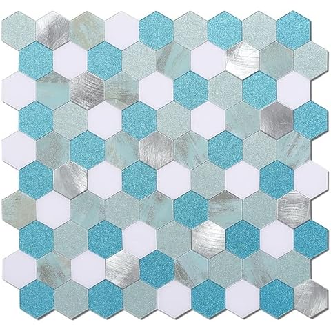 Avant Decor | 8 Tiles | Aluminum Small Hexagons Tiles | Peel and Stick Kitchen Backsplash Tiles | Stick On Wall Tiles | Easy DIY Installation | 11.33” x 10.62” Cover