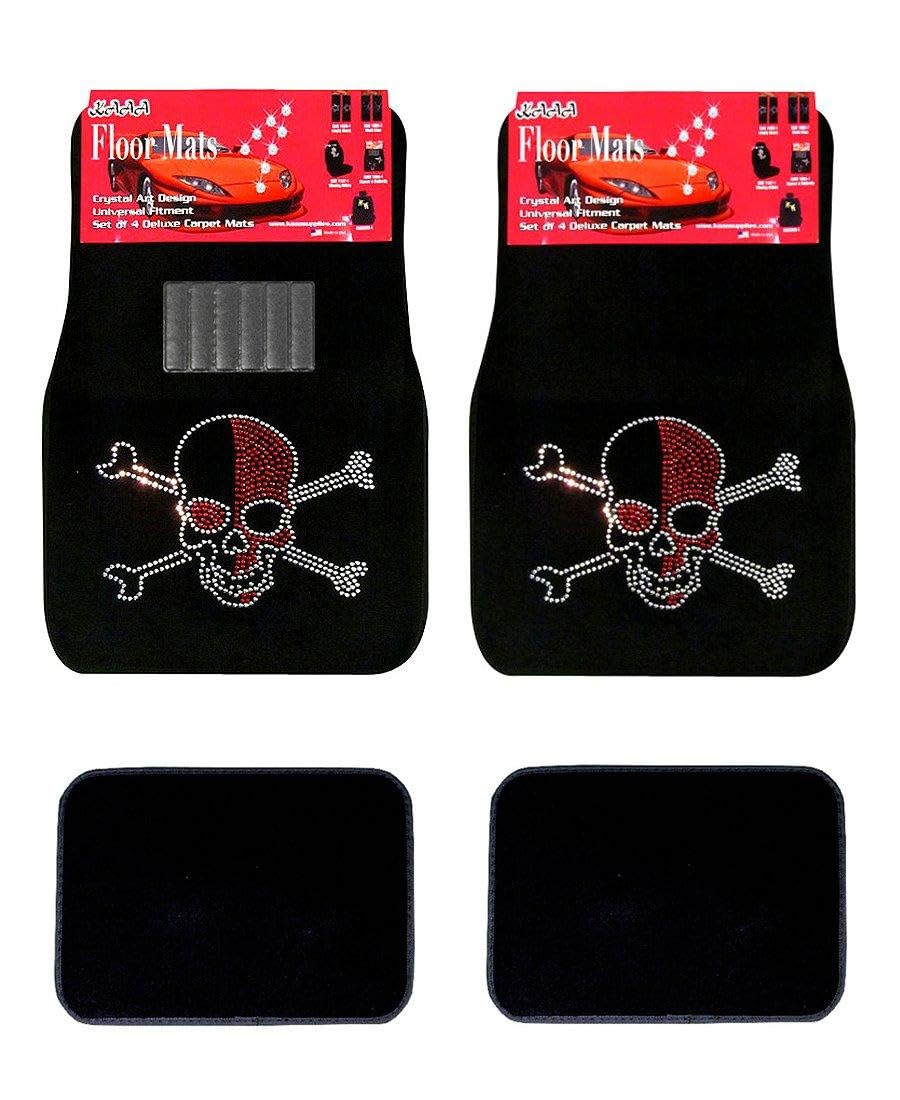 KAAAALLBrand Universal Fit Front/Rear 4-Piece Full Set Crystal Bling Rhinestone Studded Carpet Car SUV Truck Floor Mats (Red Skull/Black)
