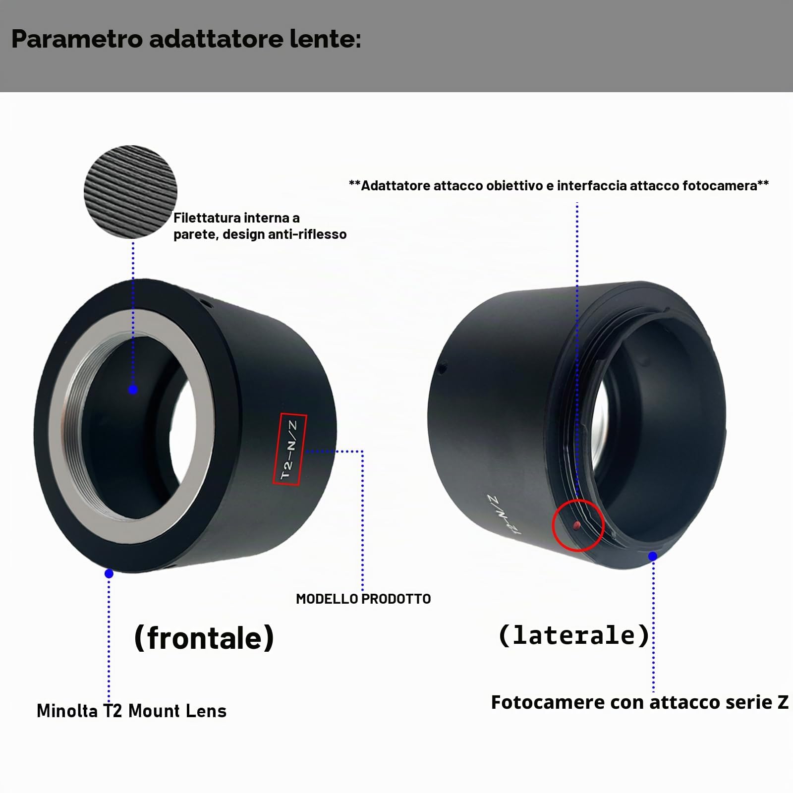 T2-Niko Z-Adattatore per obiettivo con filettatura T-Mount T2,compatibile con Nik Z7 e Z6 senza specchio,adattatore T2 to Niko Z Lens