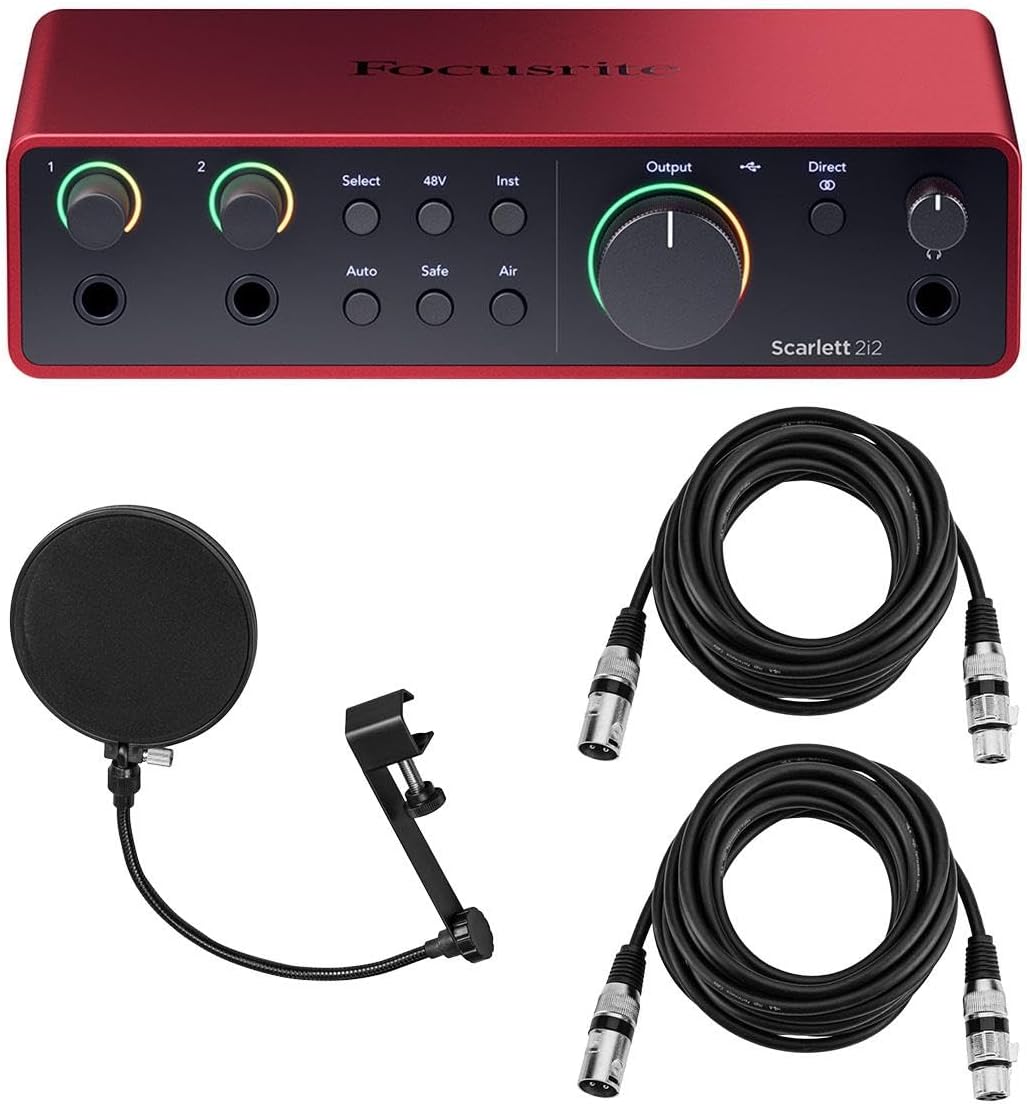 Focusrite Scarlett 2i2 4th Gen USB Audio Interface with Software Suite, Bundle With H&A Pop Filter, 2x XLR M to F Cable 10'