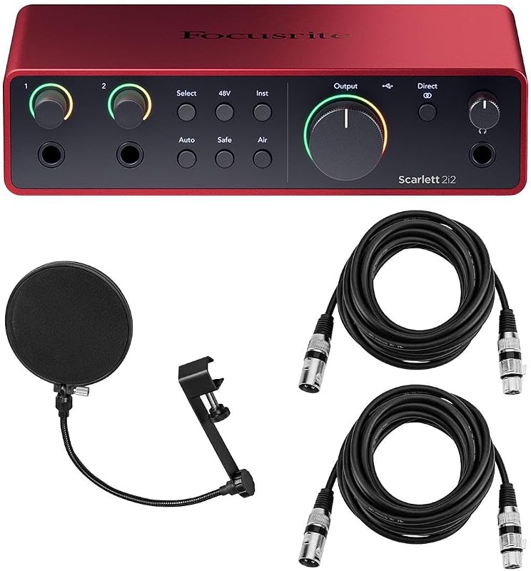 Interfaz de audio USB Scarlett 2i2 de 4 .ª generación con paquete de software, paquete con filtro pop H&A, 2 cables XLR M a F de 10'