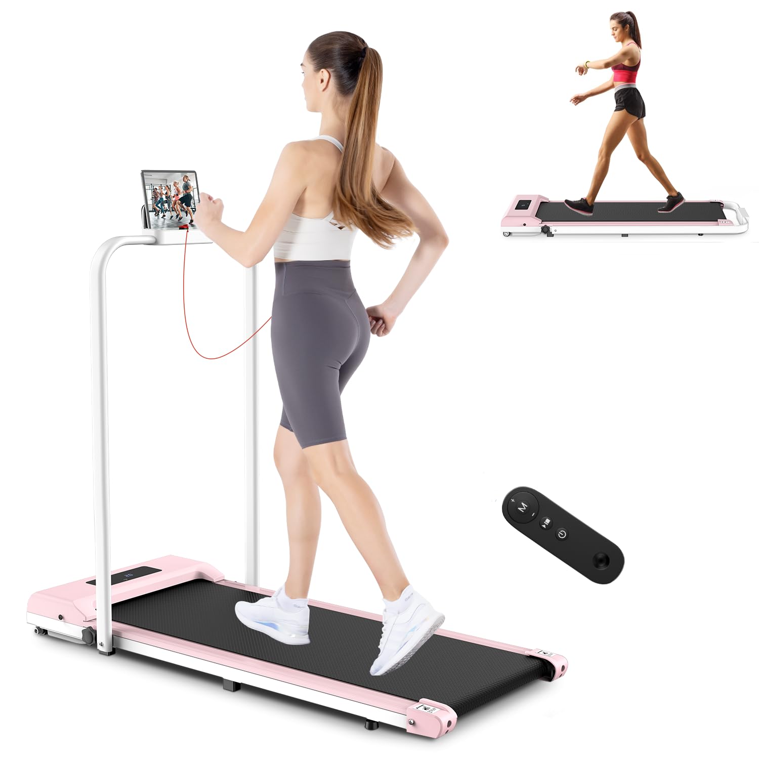 Foldable Walking Pad with Handle Bar, 6.2MPH Treadmill for Home, 2.5HP Powerful Noise<45db, 300lb Capacity, LCD Display, Pink