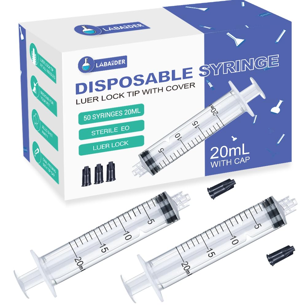 50 Pack 20mL/cc Plastic Luer Lock Syringes Without Needle, Individually Sterile Wrapped, with Tip Cap, for Liquid,Scientific Labs, Measuring, Dispensing