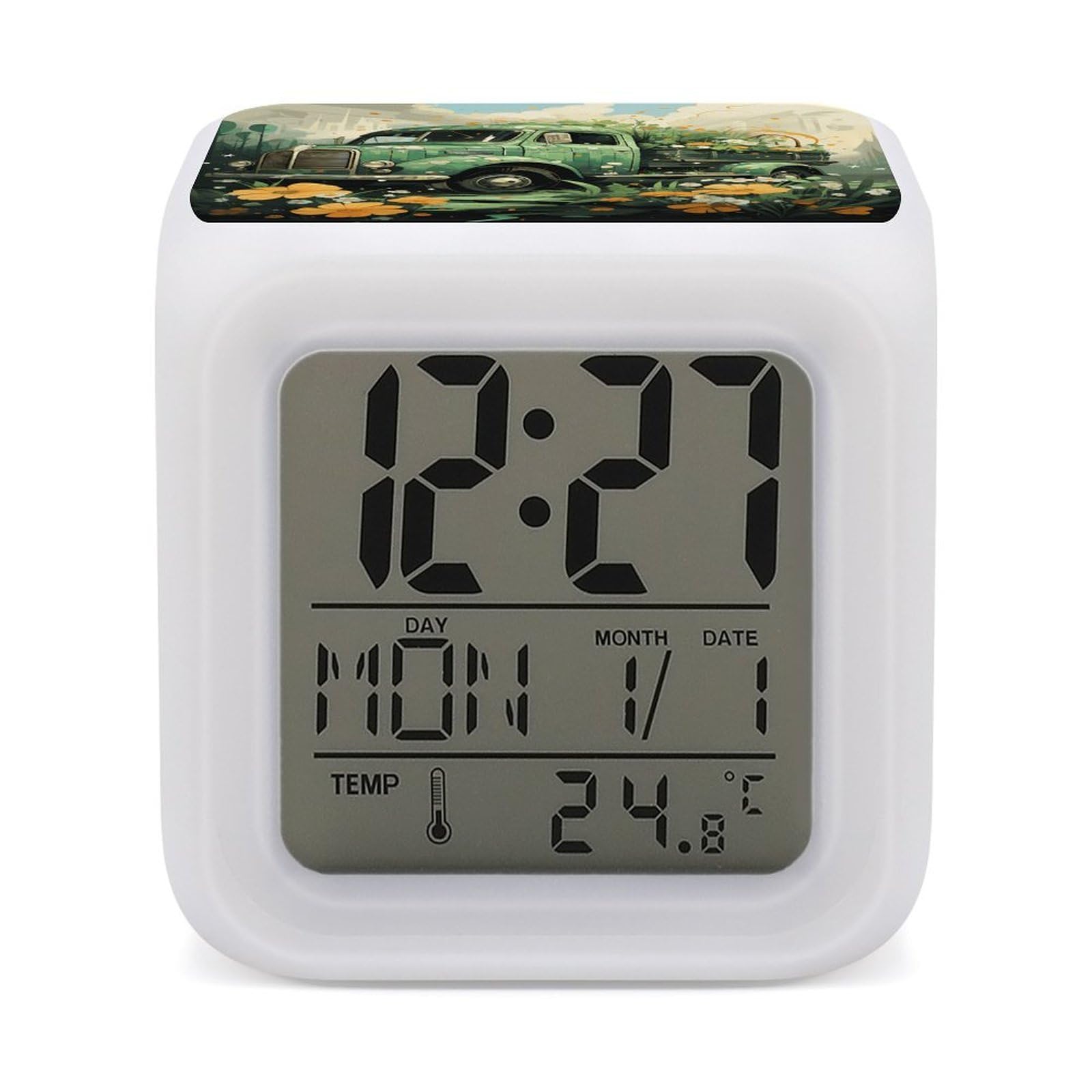 Car on Grass Digital Alarm Clock with 7 Color Changing Night Light Battery Operated LED Wake Up Clocks with Snooze Touch Control Temperature Cube Bedside Lamps for Bedroom Nightstand Decor