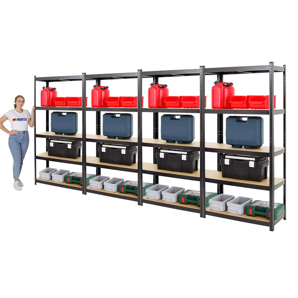 PROREGAL Mega Deal 4X étagère Robuste Ragnar | HxLxP 180x90x40cm | Charge du Compartiment 175kg | Noir | Étagère de Garage, étagère de Cave