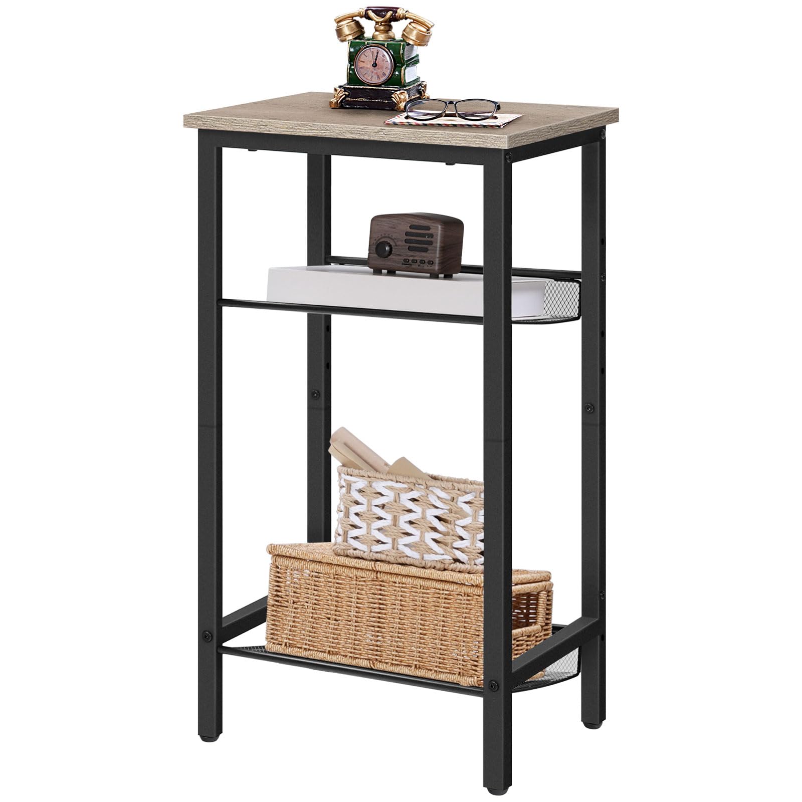 HOOBRO Stolik pomocniczy, stolik pod telefon z 2 regulowanymi półkami z kratki, 38 x 28 x 74 cm, stolik do sofy, stolik kawowy, wzornictwo przemysłowe, kolor szary (greige-black) EBG01DH01G1
