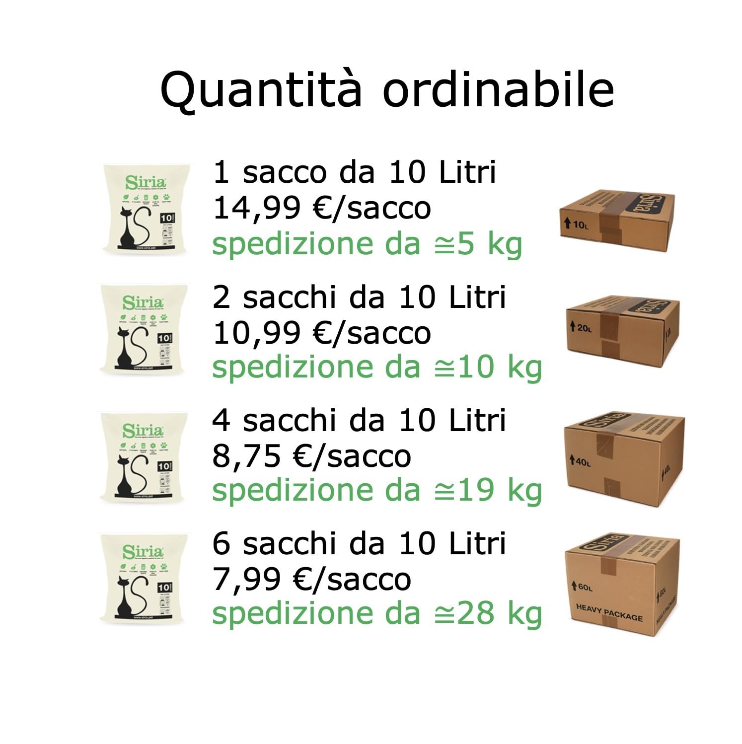 Siria 60L-Lettiera per Gatti Vegetale e Agglomerante-Set 6 sacchi da 10 Litri