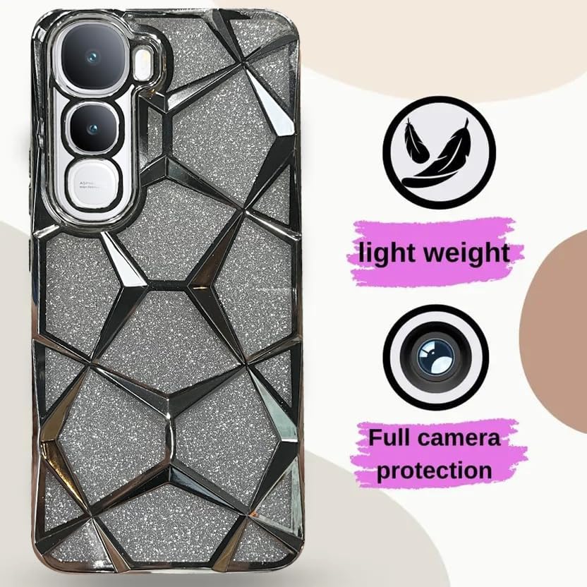 Image of VONZEE Gradient Glitter Case for VIVO Y400, Luxury Electroplated 3D Cube, Diamond Bling Shiny Soft TPU Clear Shockproof Women Girls Protective Phone Cover (Silver)