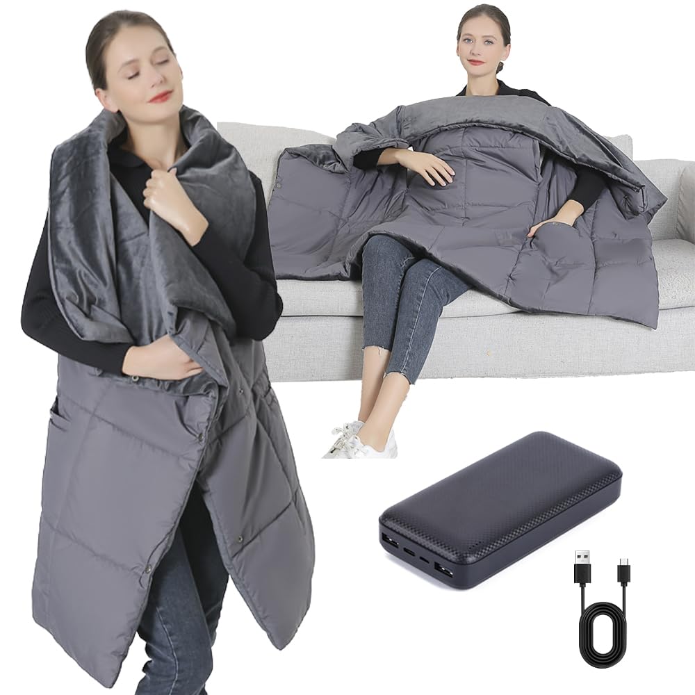 Coperta elettrica con batteria senza fili, 1600 mAh, 7,4 V, protezione dal surriscaldamento, coperta termica portatile senza fili, con 6 zone di riscaldamento e 3 livelli di temperatura per