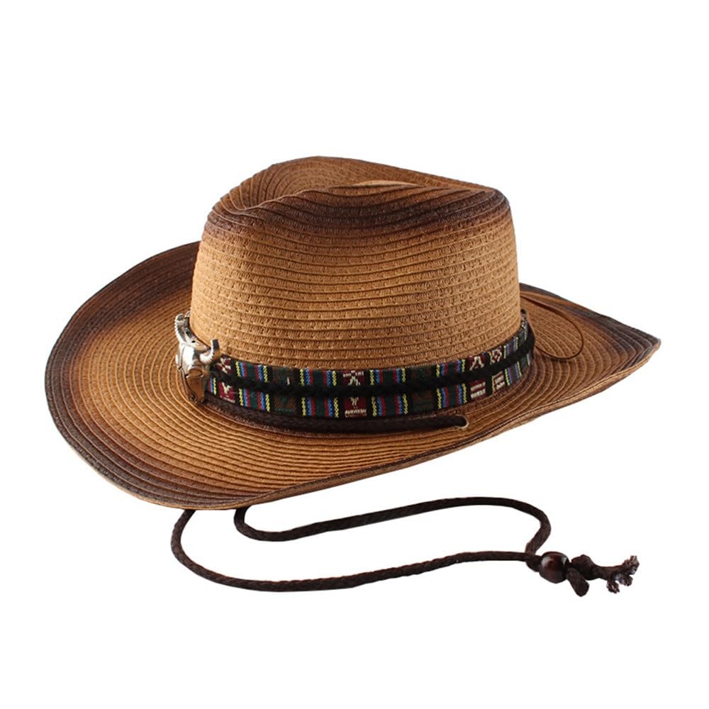 Cappello di Paglia da Uomo Cappello da Cowboy Occidentale a Tesa Larga alla Moda Cappello da Donna in Paglia con Parasole for la Primavera e L'Estate con Bordo Arrotolato