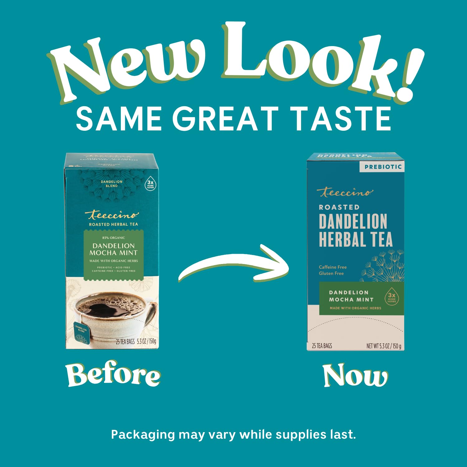 Teeccino Dandelion Root Tea - Mocha Mint - Caffeine Free, Roasted Herbal Tea with Prebiotics, 3x More Herbs than Regular Tea Bags, Gluten Free - 25 Tea Bags