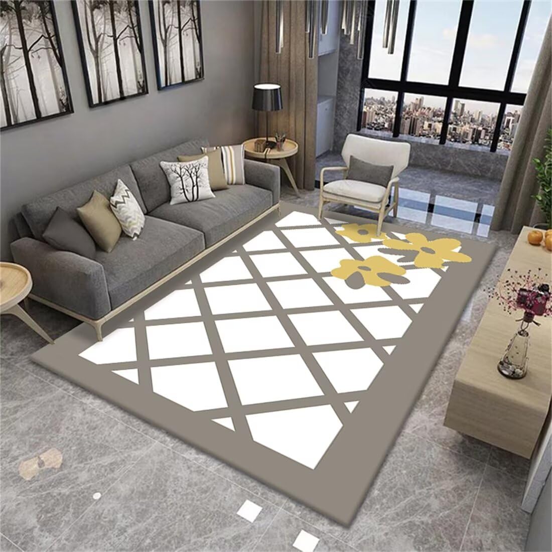 Tapis de salon lavable jaune et gris idéal comme tapis d éveil de bébé
