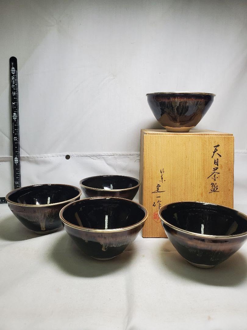 油天目茶洛東、定一作　【極上品】お茶道具/共箱 天目茶盌 洛東 定一作 桶谷定一 五盌 共木箱入