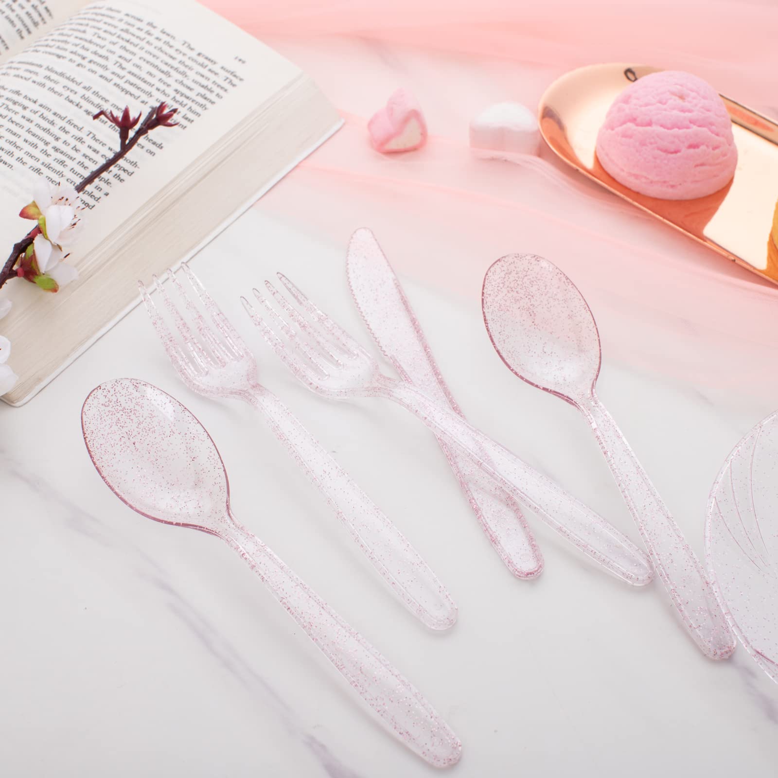 Pink Glitter Plastic Cutlery - Disposable Silverware -8 Pink Glitter Plastic Cutlery - Disposable Silverware -8