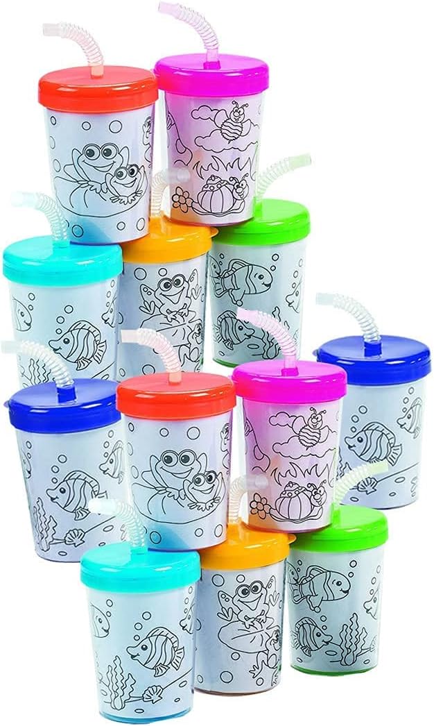 Fun Express DIY Party Cups for Kids - 12 Color Cups with Lids and Straws (Straw Caps Not Included) - Crafts Activities and Party Supplies