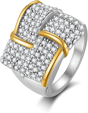 Two Tone Multi Lines Statement Ring Stainless Steel Shiny Full Diamond Ring Eternity Engagement Wedding Band Ring for Women Girls