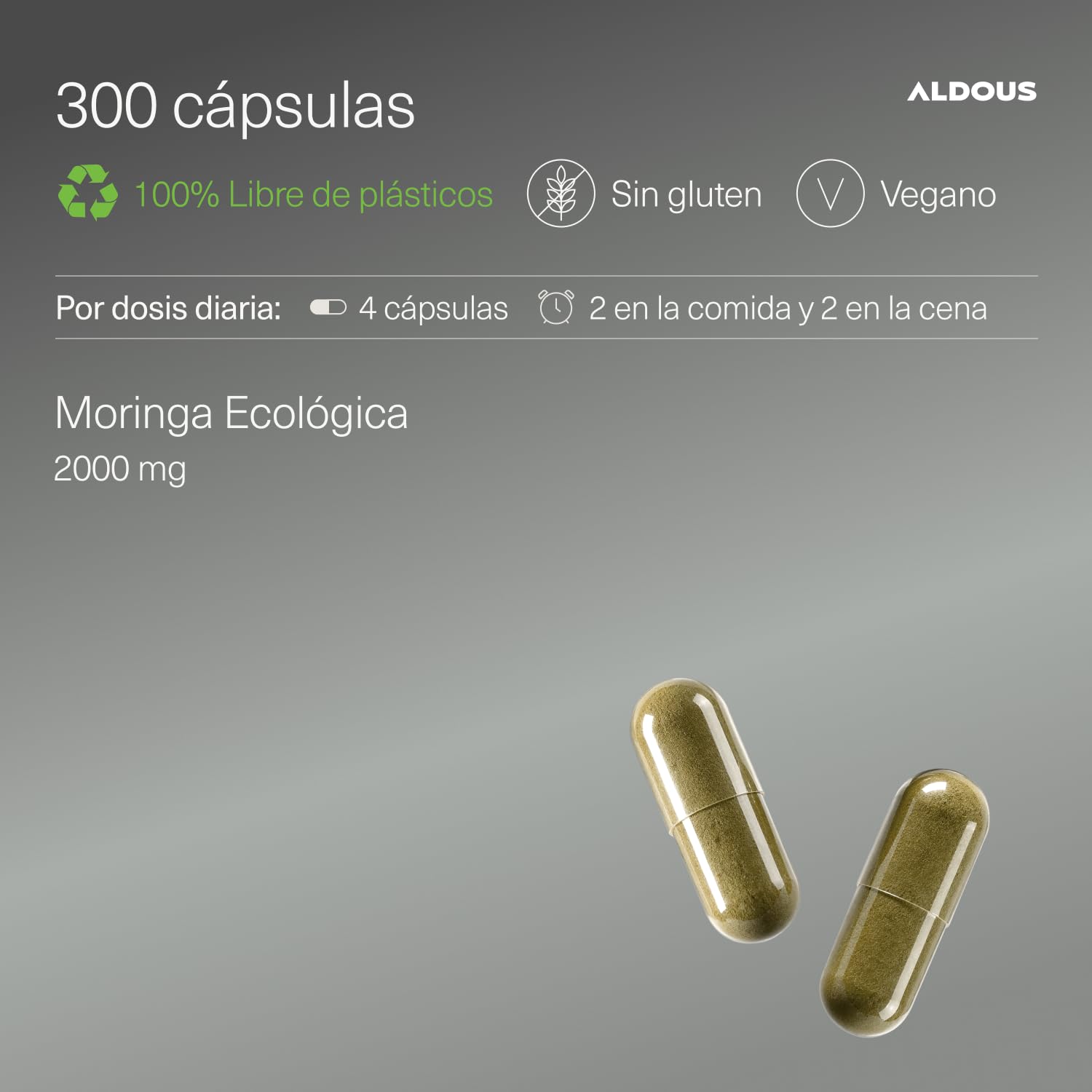 Moringa Capsulas Pura 2000mg - 300 Cápsulas - Superalimento Antioxidante Natural - Energía y Bienestar Diario - Moringa Natural con Certificado Ecológico - Sin Estearato de Magnesio - Aldous