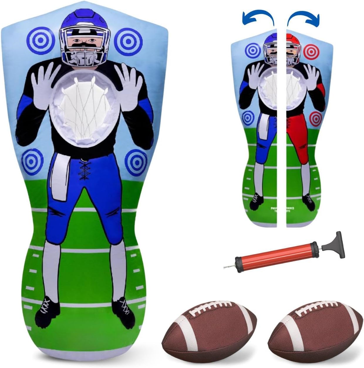 Preferred Toys 65” Inflatable Football Target Net Toss Game - Double-Sided Throwing Practice Football Stuff with Mini Balls - Backyard Tailgate Party Sports Toy for Kids & Adults - Red/Blue