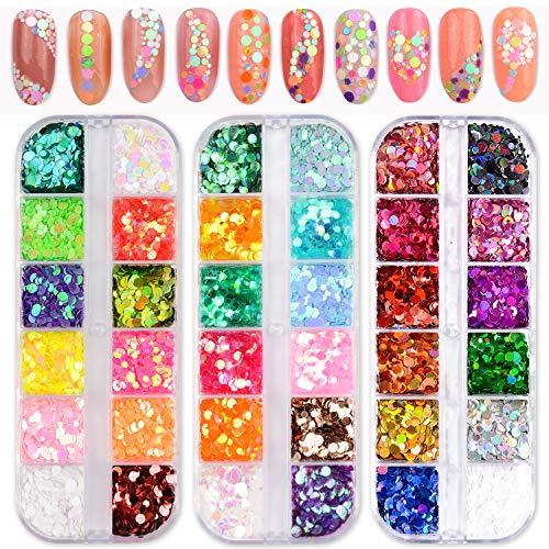 Warmfits Polka Dot Nail Art Cricle Glitter Round Holigraphic Mermaid Nail Sequins Nail Art Flakes 36 Colors Mixed Size 1mm 2mm 3mm for Nail Decoration Crafts Eye Face Body Make Up DIY Crafts (Size A)