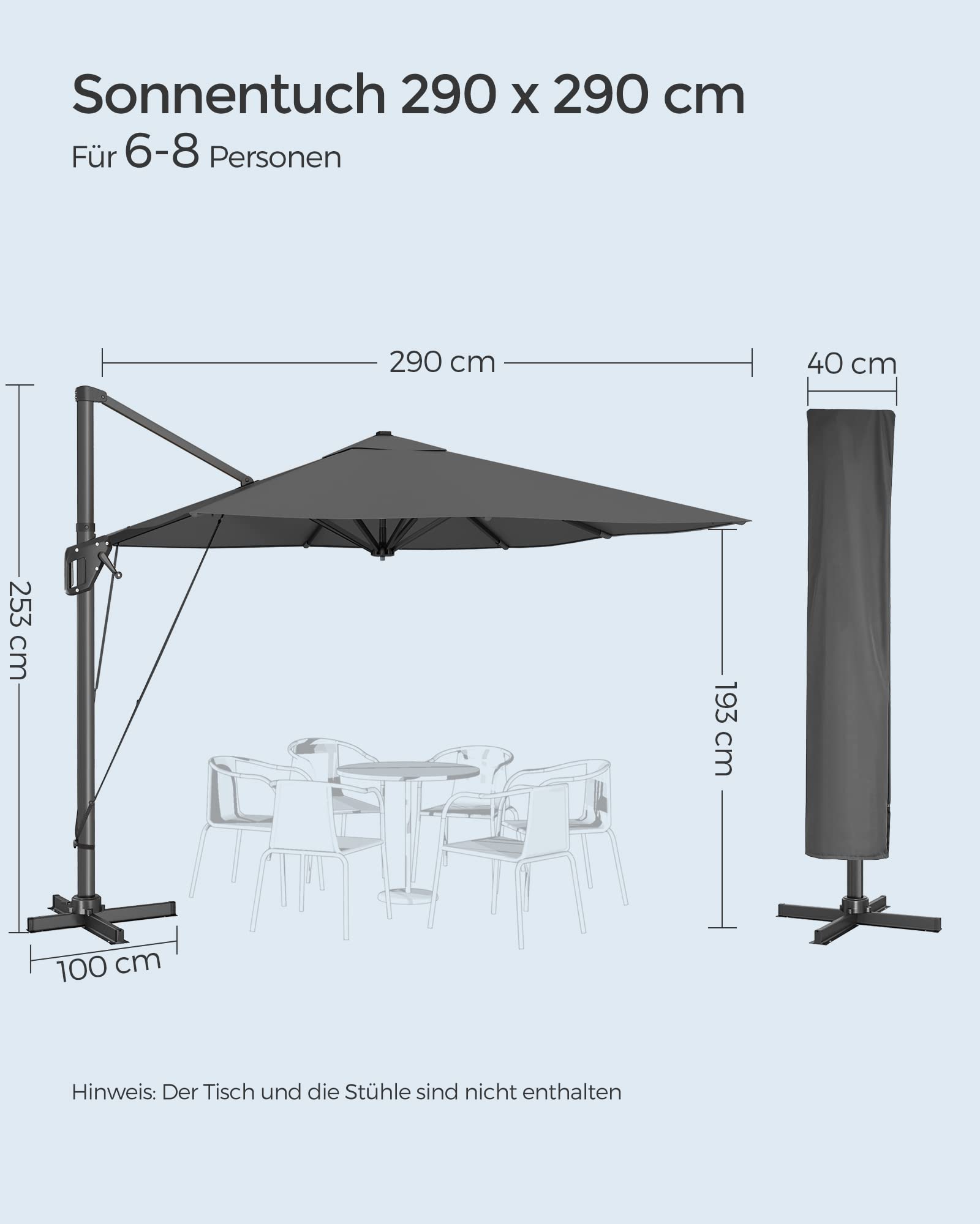 SONGMICS Sonnenschirm 290 x 290 cm, Ampelschirm, Gartenschirm, UV-Schutz UPF 50+, um 360° drehbar, Neigungswinkel verstellbar, mit Ständer, Befestigungsgurten und Abdeckung, rauchgrau GPU039G01