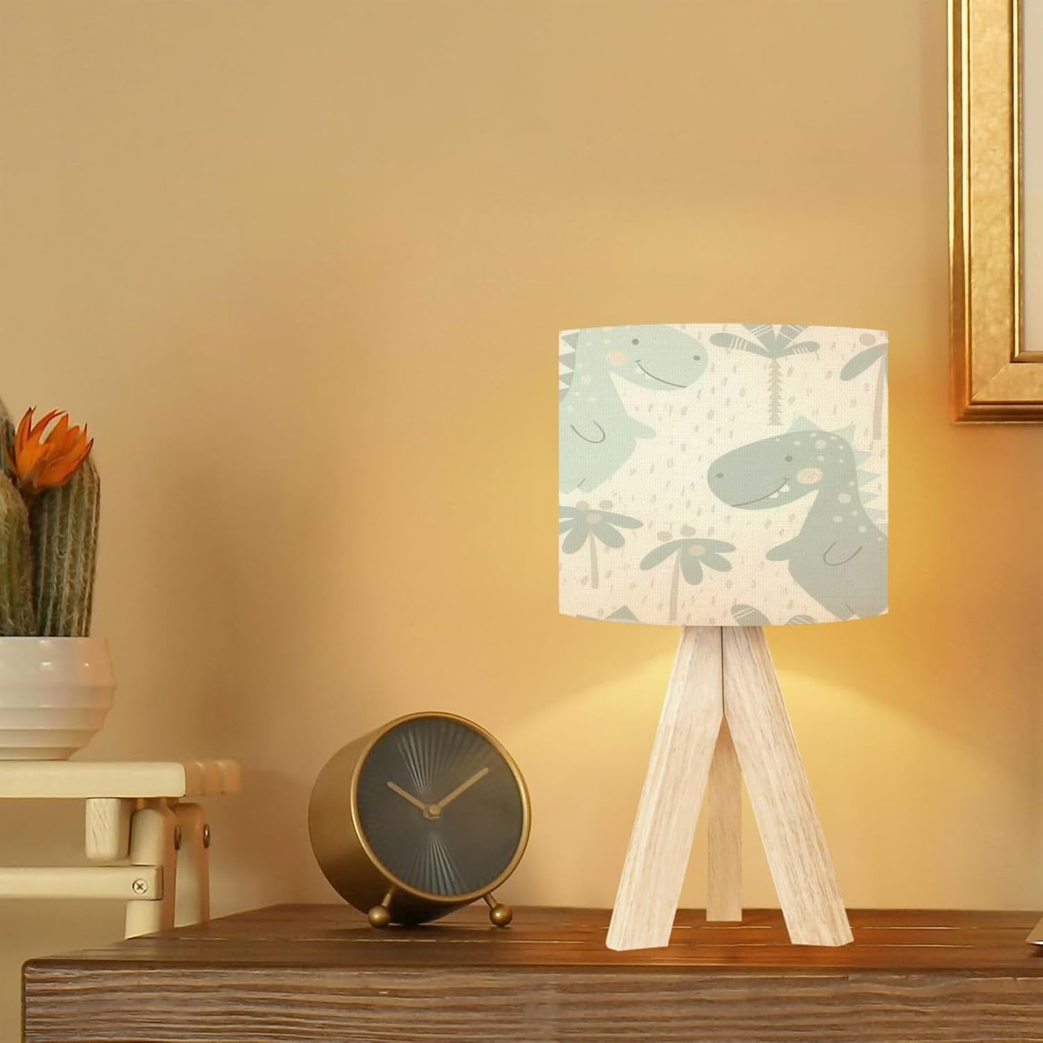 Tripod Table Lamp Dinosaur baby boy seamless pattern Sweet dino palm Scandinavian cute Modern Bedside Dimmable Desk lamp Wooden Base Fabric Lampshade for Kids Room, Nursery, Bedroom, Living Room